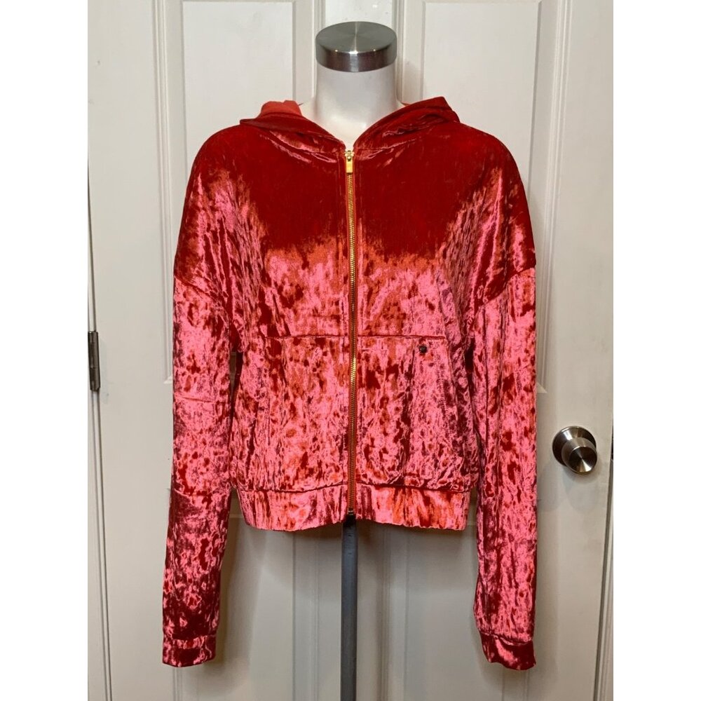 Fabletics Strawberry Pink Crushed Velour Zip-Up Hoodie, Size L, NWT! $85